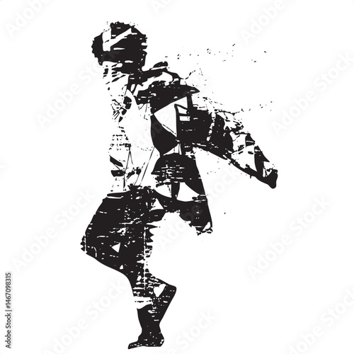 A silhouetted figure performs a dynamic martial stance.