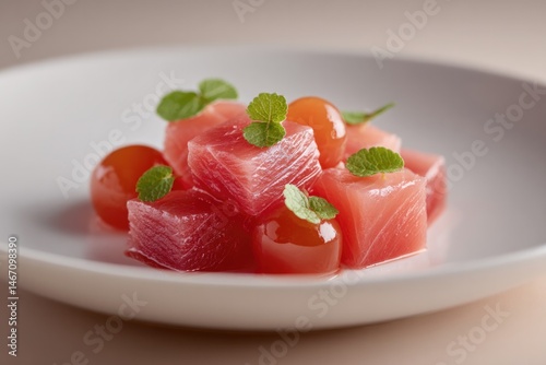 serene minimalistic dish blending distinct culinary cultures sits on white plate against neutral background