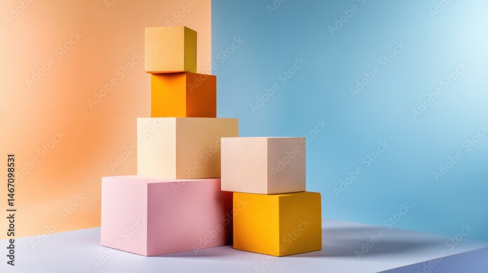 Fototapeta premium Geometric composition with multicolored cubes placed over gentle pastel gradient