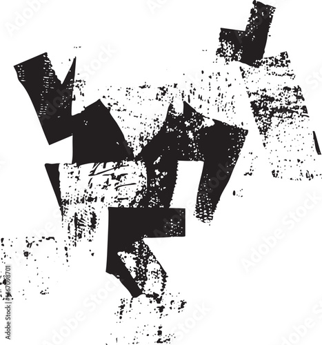 Abstract black and white arrows create a dynamic fragmented composition.