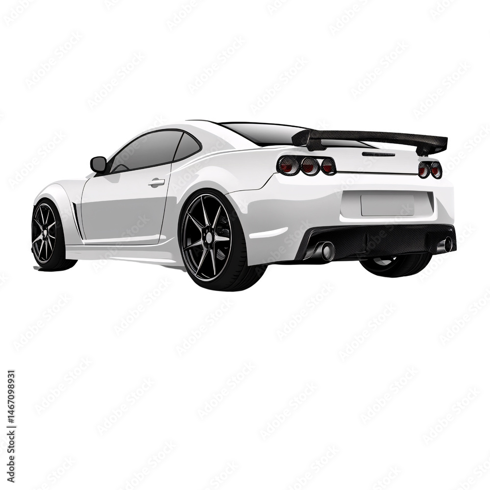 Fototapeta premium Sleek white sports car with black rims and spoiler on a transparent background Modern automotive design showcasing speed, style, and performance
