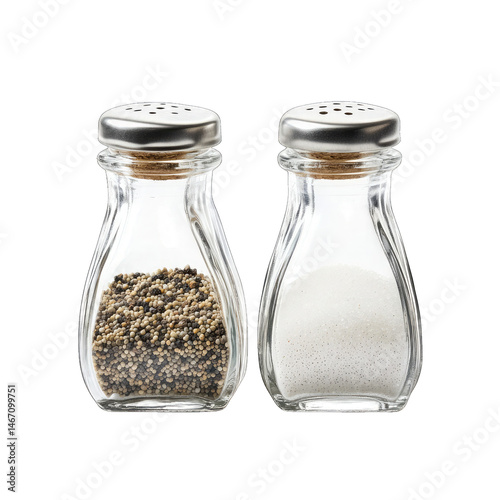Two clear glass salt and pepper shakers with transparent background, full