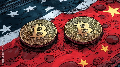 Abstract bitcoin coins on us and china flags, geopolitical crypto conflict