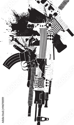 A stylized black and white depicts an assault rifle intertwined with musical instruments.
