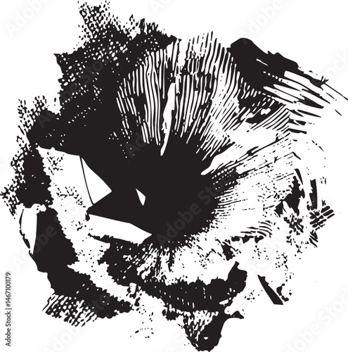 A stark circular explosion of black lines against a white background creates an abstract and dynamic visual effect.