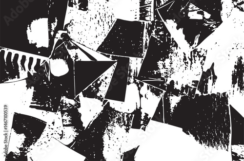 Fragmented shapes collide in a dynamic black and white composition.