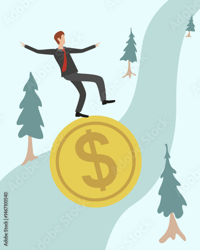 Business man tries to balance on gold coin. Unbalanced Business Concept. Cartoon Vector Illustration. 