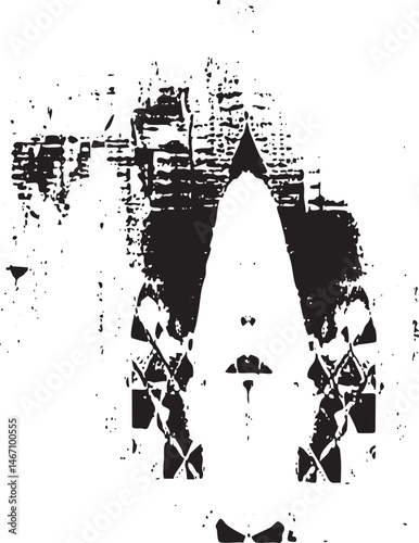 A distressed fragmented silhouette of a human head emerges from a textured background.