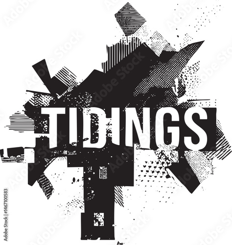 Abstract geometric shapes form a dynamic composition with the word 'Tidings' prominently displayed.