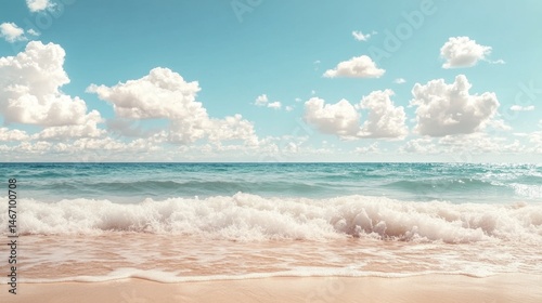 Serene Ocean Waves Crashing on Sandy Beach Under a Sunny Sky