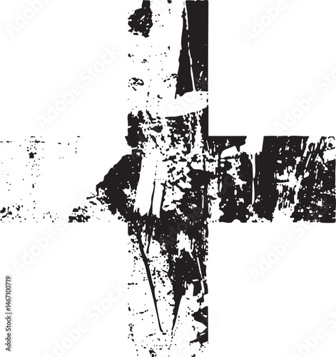 A distressed textured cross symbol appears against a stark white background.