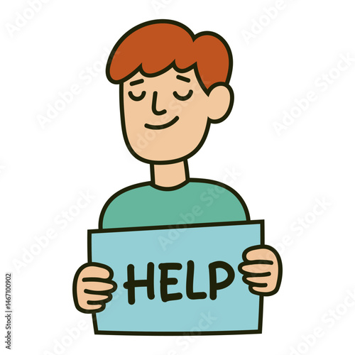 Cartoon man holding a "HELP" sign with calm expression, asking for support or assistance. Vector illustration.
