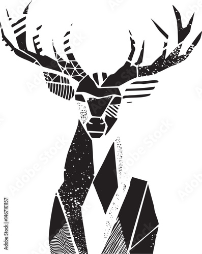 A geometric deer head in stark black and white.