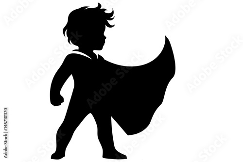 Silhouette of child in superhero pose with cape flowing behind. Clipart image isolated on background.