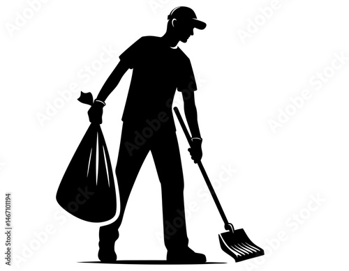 Volunteer man silhouette cleaning with broom and trash bag. Clipart image isolated on background.