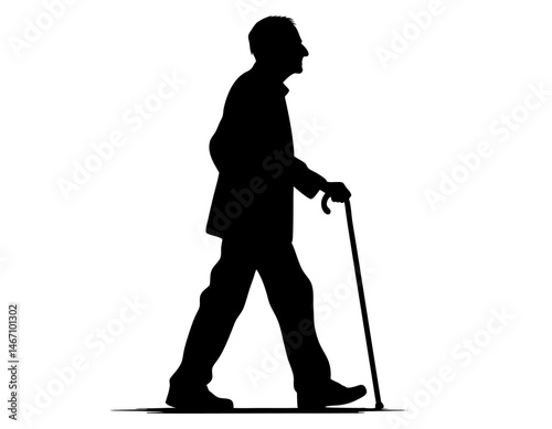 Elderly man silhouette walking with cane. Clipart image isolated on background.