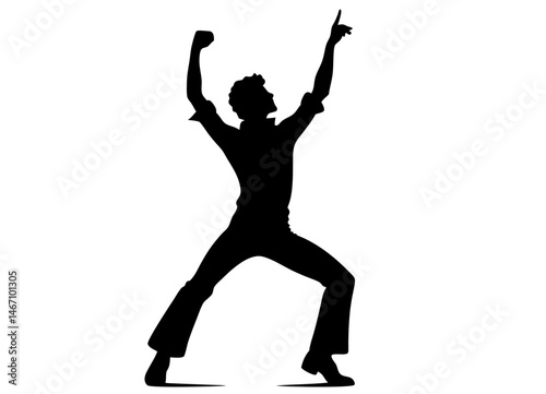 Silhouette of man dancing energetically in disco style. Clipart image isolated on background.
