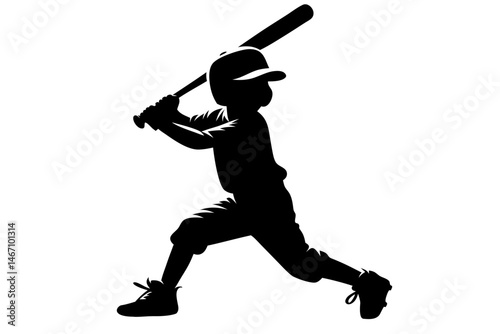 Child baseball player silhouette swinging bat. Clipart image isolated on background.