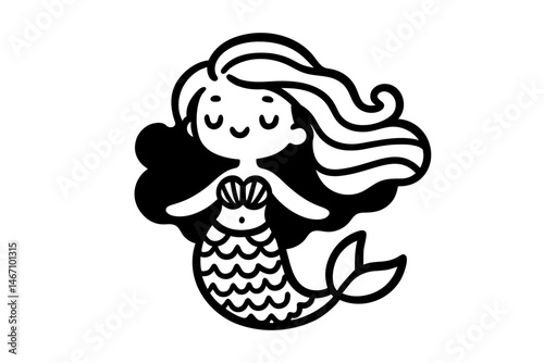 Smiling cartoon mermaid with flowing hair and scaled tail in black and white design. Clipart image isolated on background.