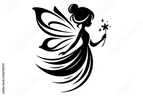 Black silhouette of elegant fairy holding star wand with stylish swirled wings and flowing dress. Clipart image isolated on background.