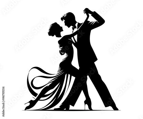 Elegant ballroom dance silhouette featuring man and woman in dynamic pose. Clipart image isolated on background.