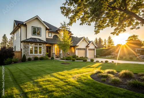 Modern Colonial Style House with Garage and Landscaped Front Yard