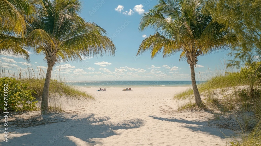 Obraz premium Serene Tropical Beach Scene Two Palm Trees Frame a Sunny Ocean View