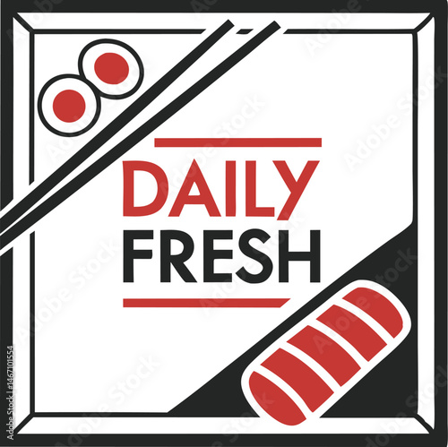 Sushi logo design, minimalist, red and black colors, chopsticks, square frame, stylized fish or sushi roll 