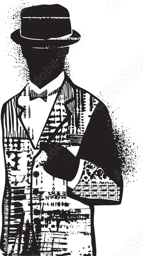 A silhouetted man in a formal suit and hat stands confidently.