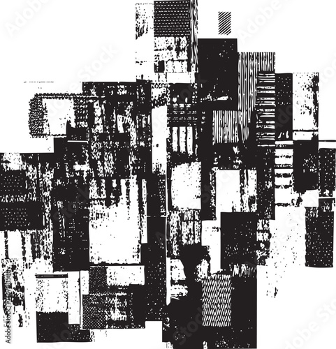 A fragmented monochrome abstract composition of geometric shapes.