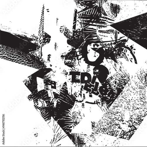 A dynamic textured black and white abstract composition featuring fragmented shapes and bold lettering.