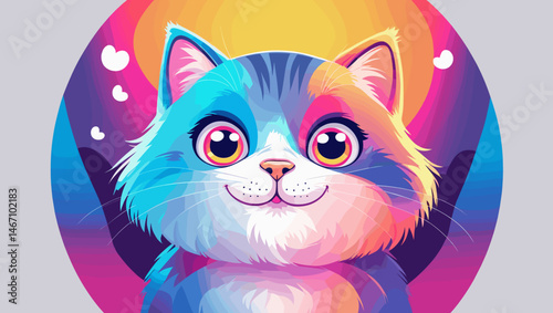 Cute furry cat face with vibrant colors and a playful expression, digital art concept