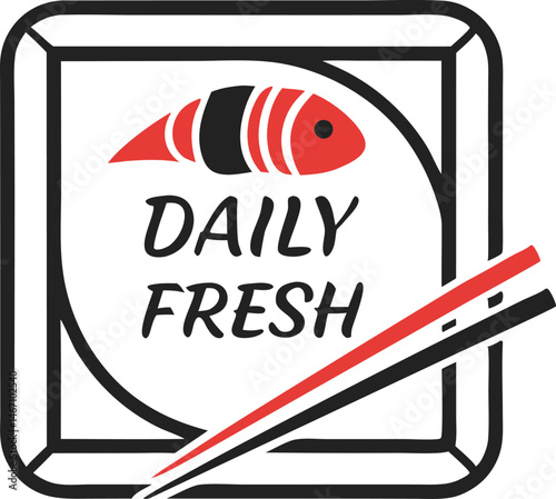 Sushi logo design, minimalist, red and black colors, chopsticks, square frame, stylized fish or sushi roll 