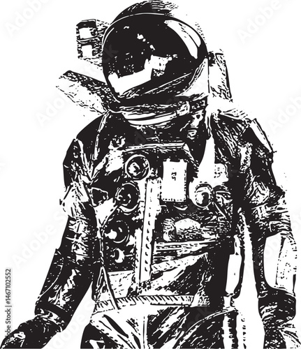 A lone astronaut stands in a stark dark expanse appearing contemplative.