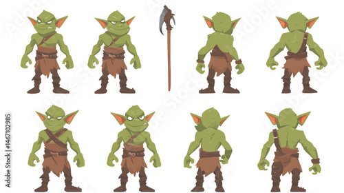 A detailed game character design sheet featuring multiple views, showcasing front, side, and back perspectives, with intricate design elements, colors, and accessories, perfect for concept art, video 