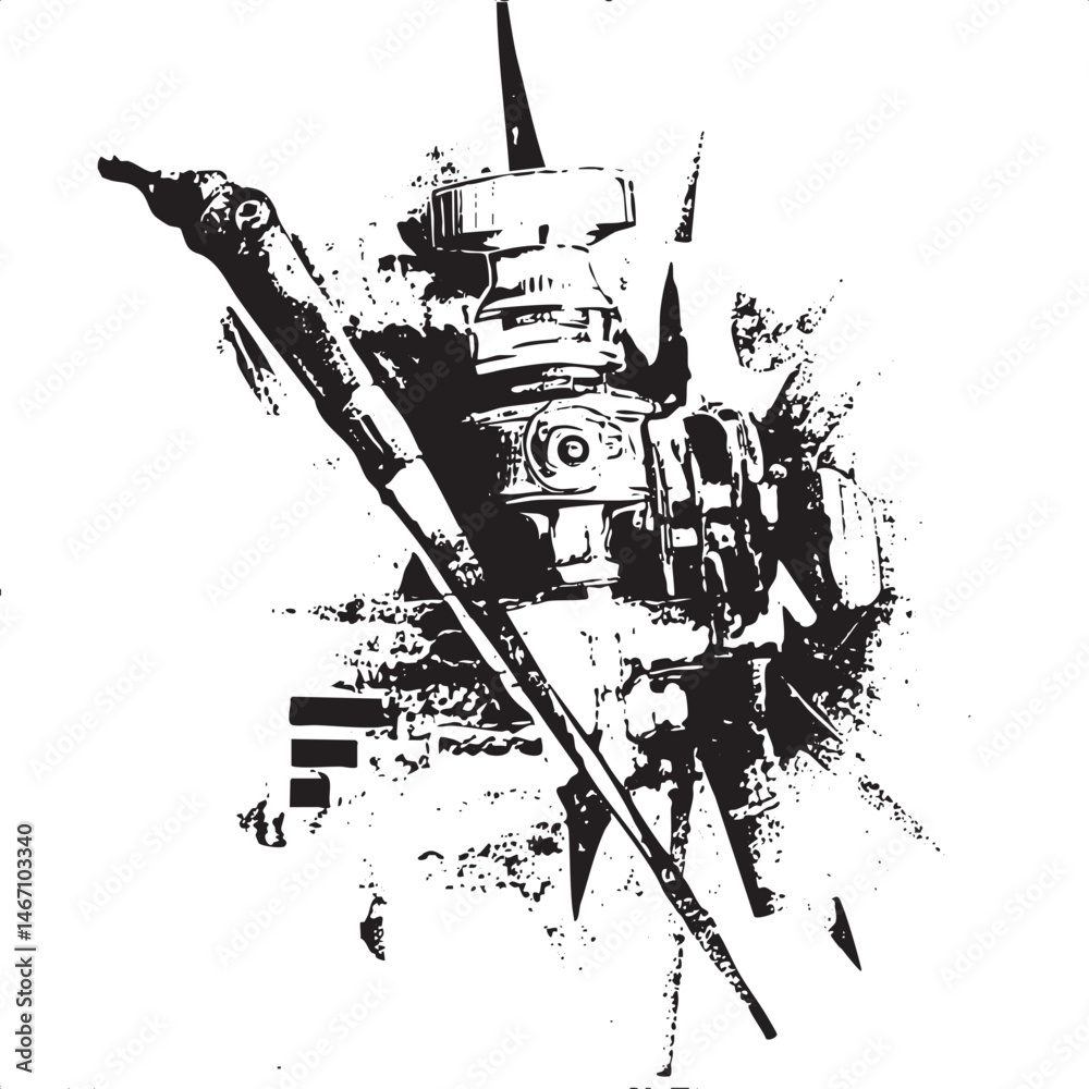 A weathered industrial robot arm reaches towards a textured metal surface.