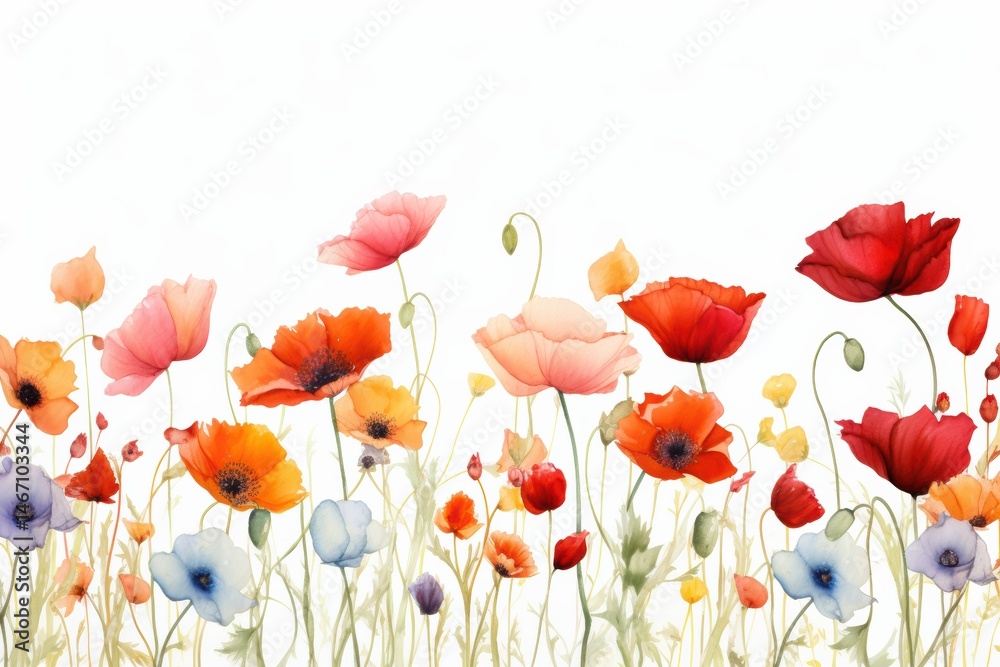 Obraz premium Vibrant watercolor poppies bloom a summer meadow scene delicate petals soft hues nature s beauty