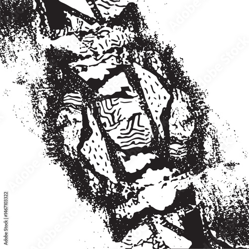 A weathered textured face emerges from a chaotic black and white .