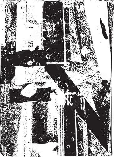 A grayscale abstract composition features a vertical intersecting with overlapping rectangular shapes.