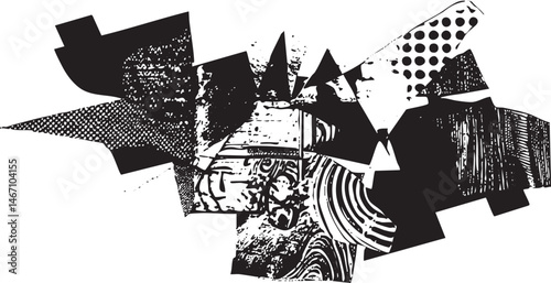 A dynamic collage of geometric shapes and abstract figures in stark black and white.