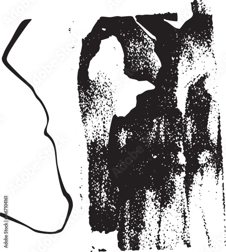 A textured abstract black and white shape evokes a sense of movement and depth.