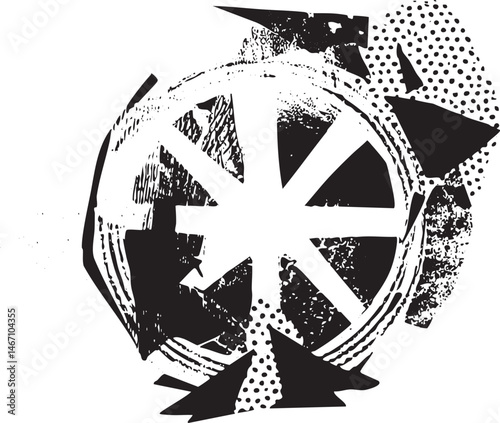 A black and white circular with radiating lines and fragmented shapes.