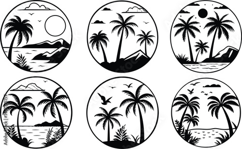 Coconut tree, Vector summer sea silhouette, Vector Set eps files