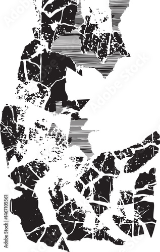 A fractured silhouette emerges from a shattered monochrome background.