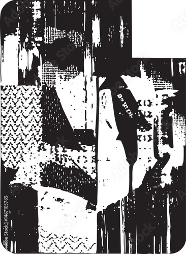 A fragmented distressed black and white exhibits layered geometric shapes and textures.