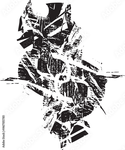 A fragmented abstract human silhouette emerges from a textured background.