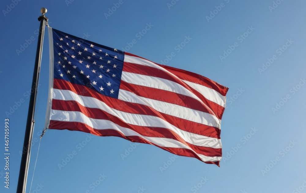 Fototapeta premium American Flag Waving Proudly Under a Clear Blue Sky