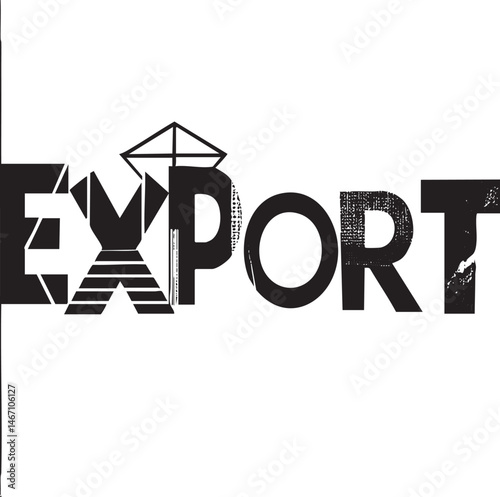 Bold letters ‘EXPORT’ are layered with geometric shapes and a stylized airplane.