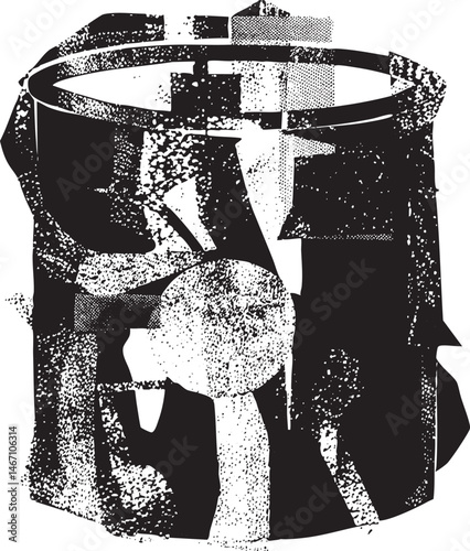 A cylindrical container sits atop a textured rounded object.