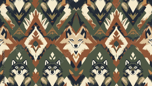 Stylized wolf and fox pattern in earthy tones, graphic design concept